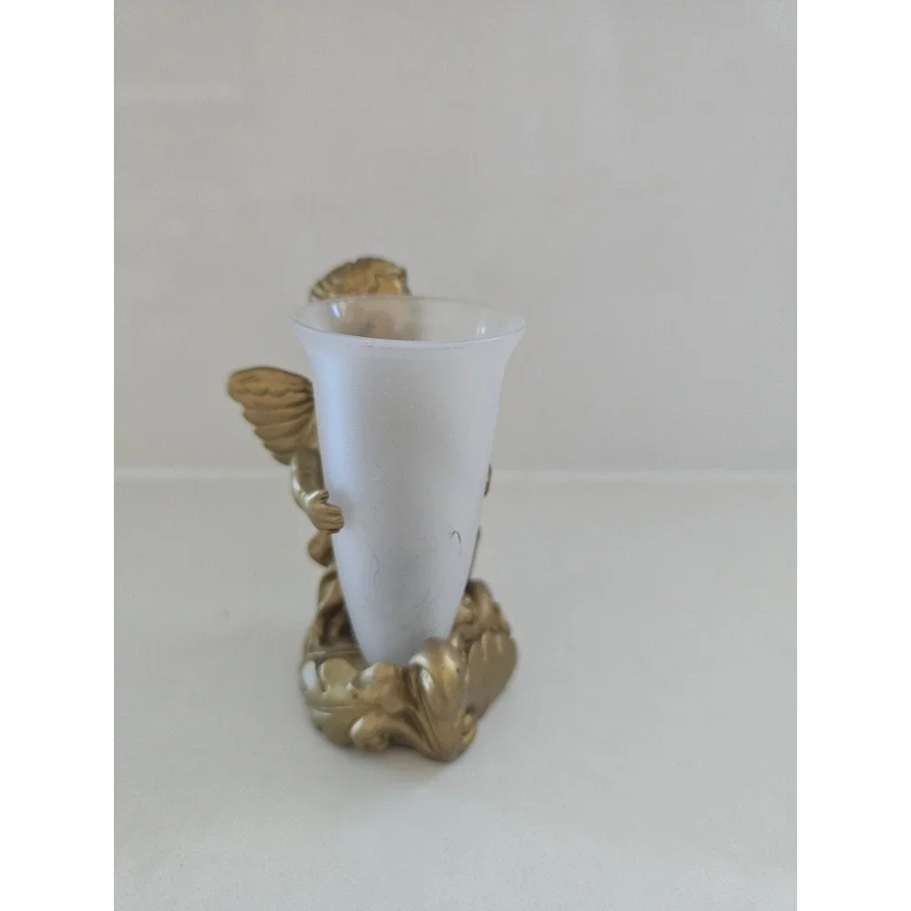 Vintage‎ Gold Cherub Angel Bud Vase Frosted Glass Insert Figurine Decor